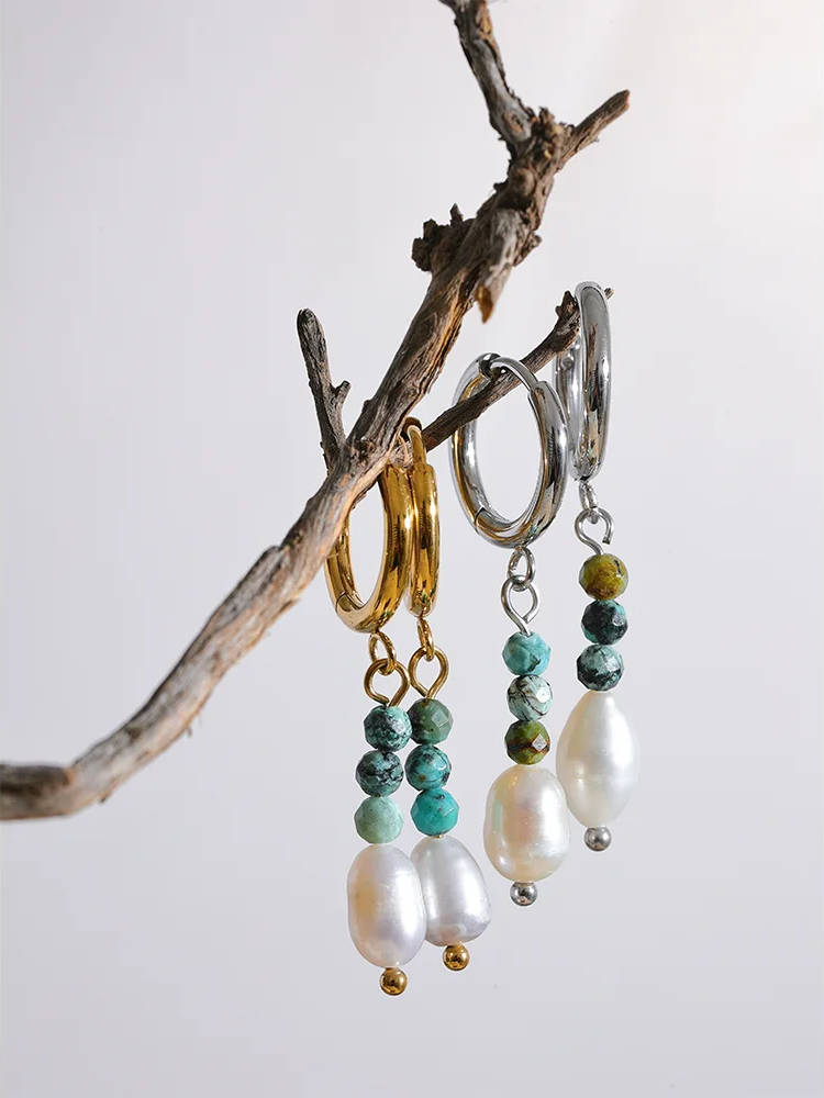 Natural Stone Freshwater Pearl Earrings - Ecru