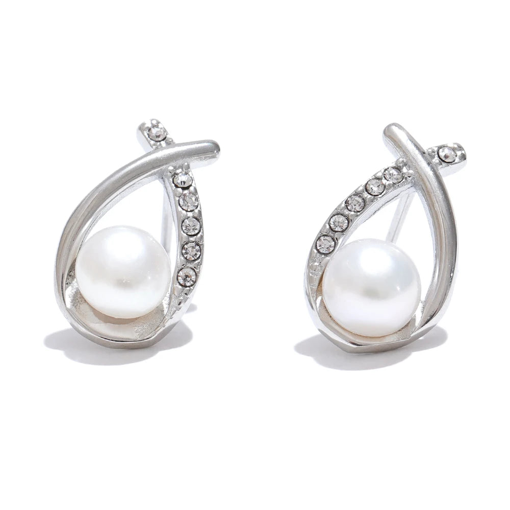 Premium Pearl Zircon Stud Earrings - Ecru