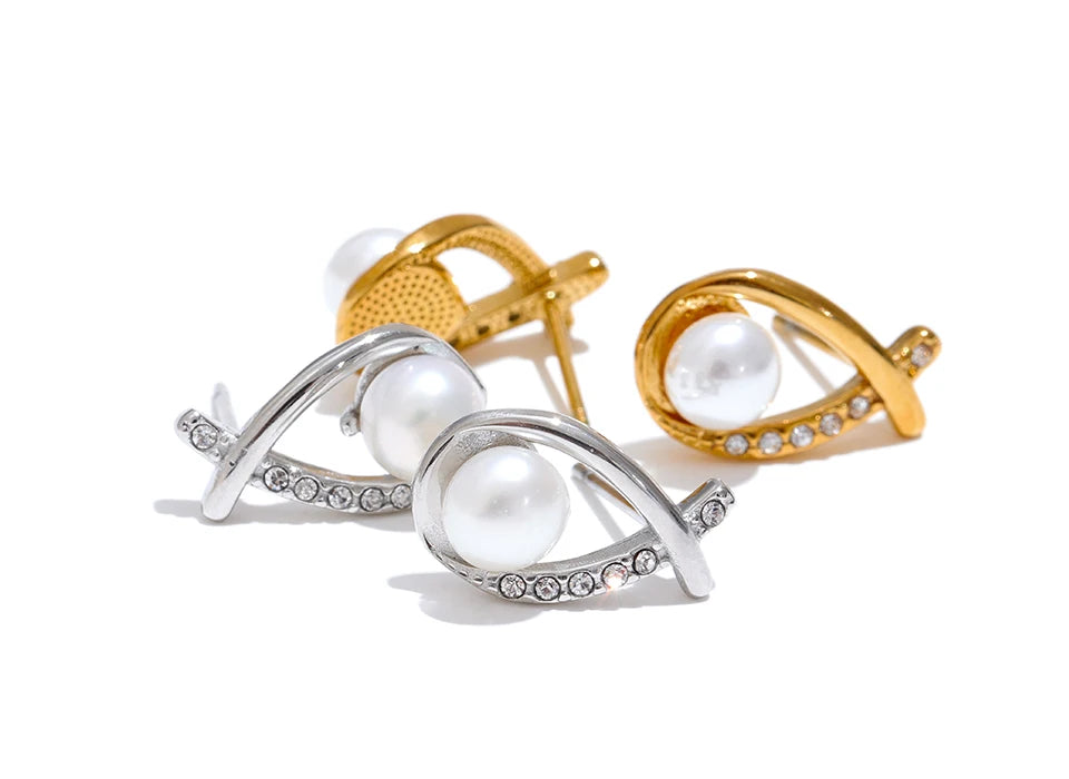 Premium Pearl Zircon Stud Earrings - Ecru