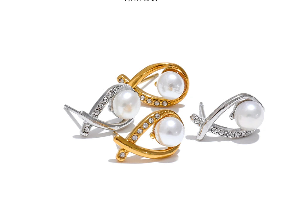Premium Pearl Zircon Stud Earrings - Ecru