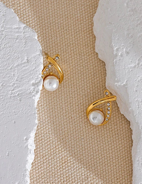 Premium Pearl Zircon Stud Earrings - Ecru