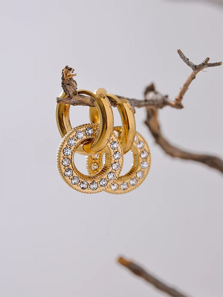 Round Drop Dangle Zircon Earrings - Ecru