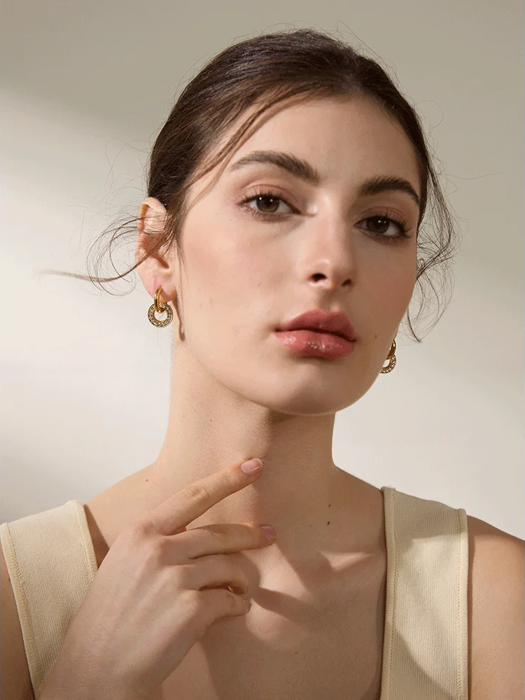 Round Drop Dangle Zircon Earrings - Ecru