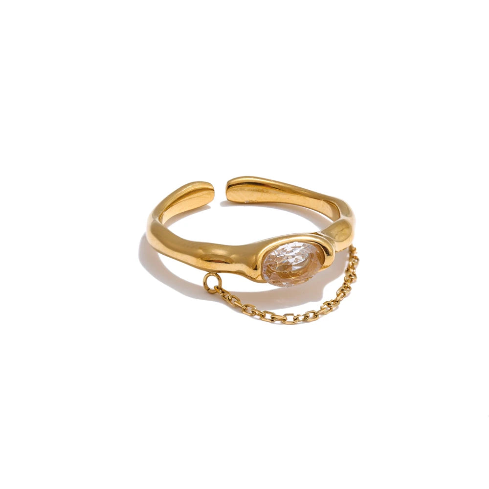 Shiny Zircon Chain Statement Ring - Ecru