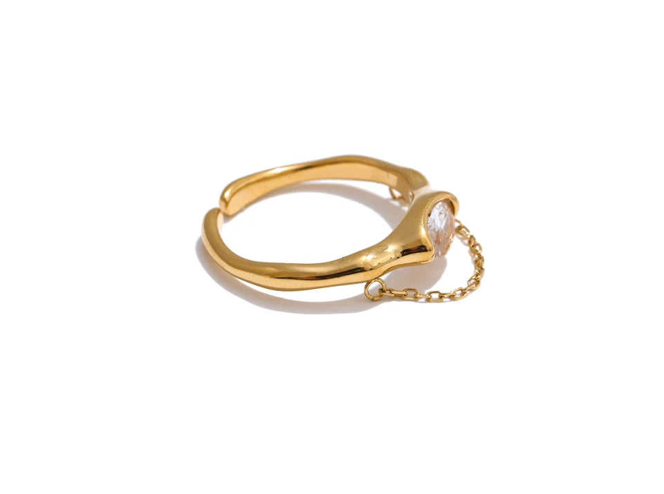 Shiny Zircon Chain Statement Ring - Ecru