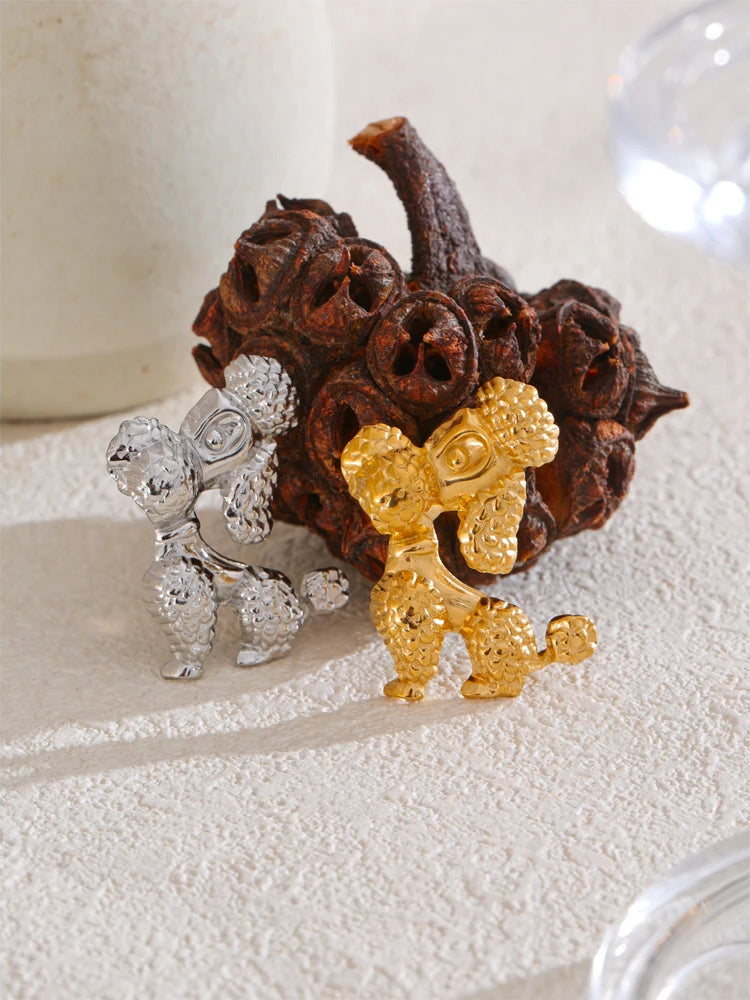 Textured Trendy Dog Charm Brooch - Ecru