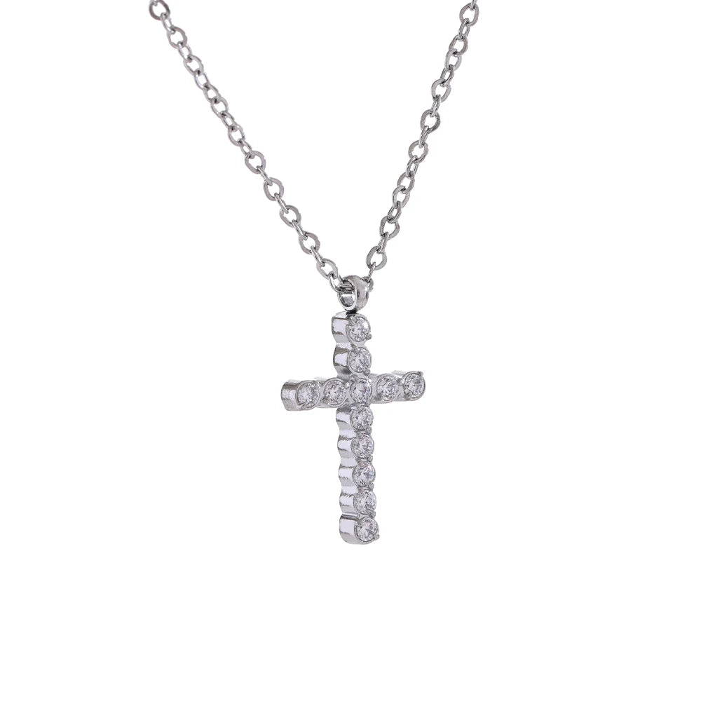 Zircon Cross Pendant Statement Necklace - Ecru