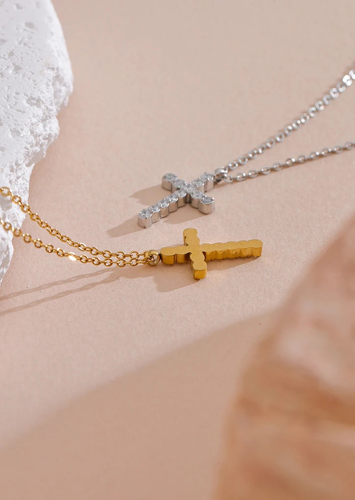Zircon Cross Pendant Statement Necklace - Ecru