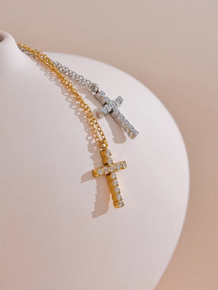 Zircon Cross Pendant Statement Necklace - Ecru