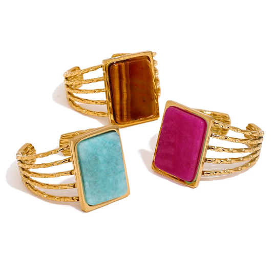Amazonite Tiger Square Stone Ring - Ecru
