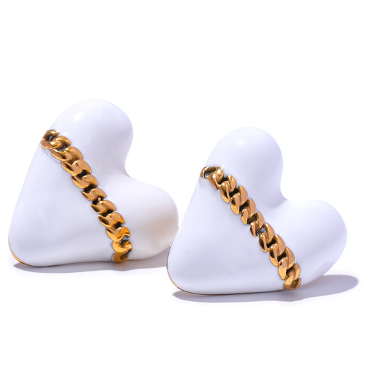 Black White Enamel Heart Earrings - Ecru