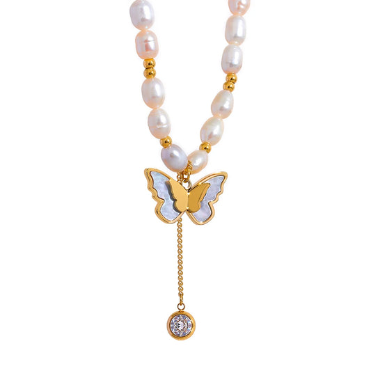 Butterfly Freshwater Pearl Pendant Necklace - Ecru