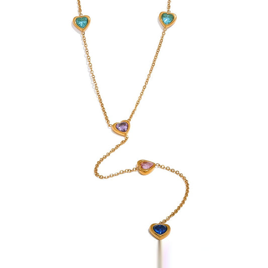 Colorful Cubic Zirconia Heart Necklace - Ecru