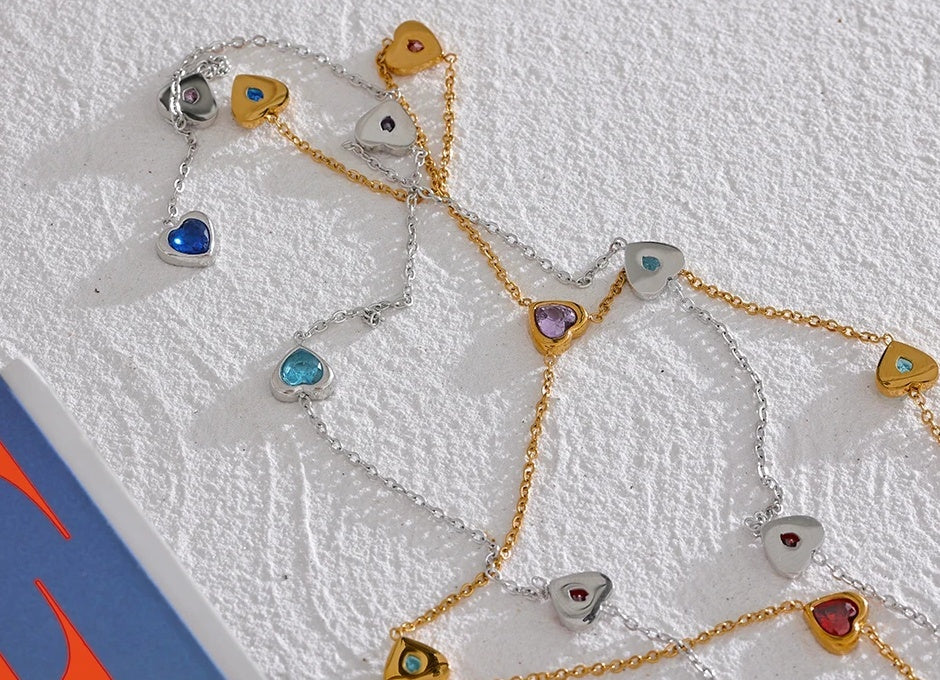 Colorful Cubic Zirconia Heart Necklace - Ecru