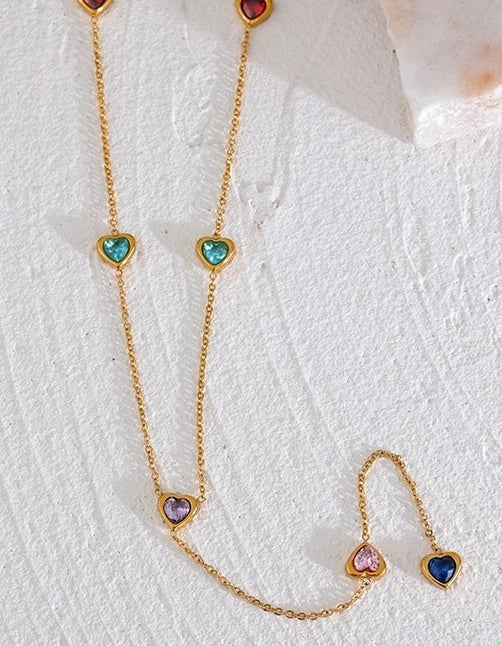 Colorful Cubic Zirconia Heart Necklace - Ecru