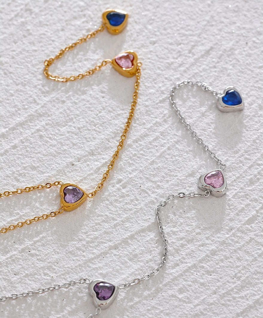 Colorful Cubic Zirconia Heart Necklace - Ecru