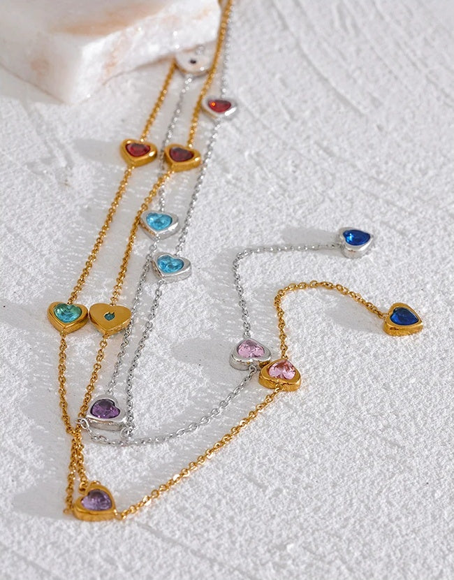 Colorful Cubic Zirconia Heart Necklace - Ecru