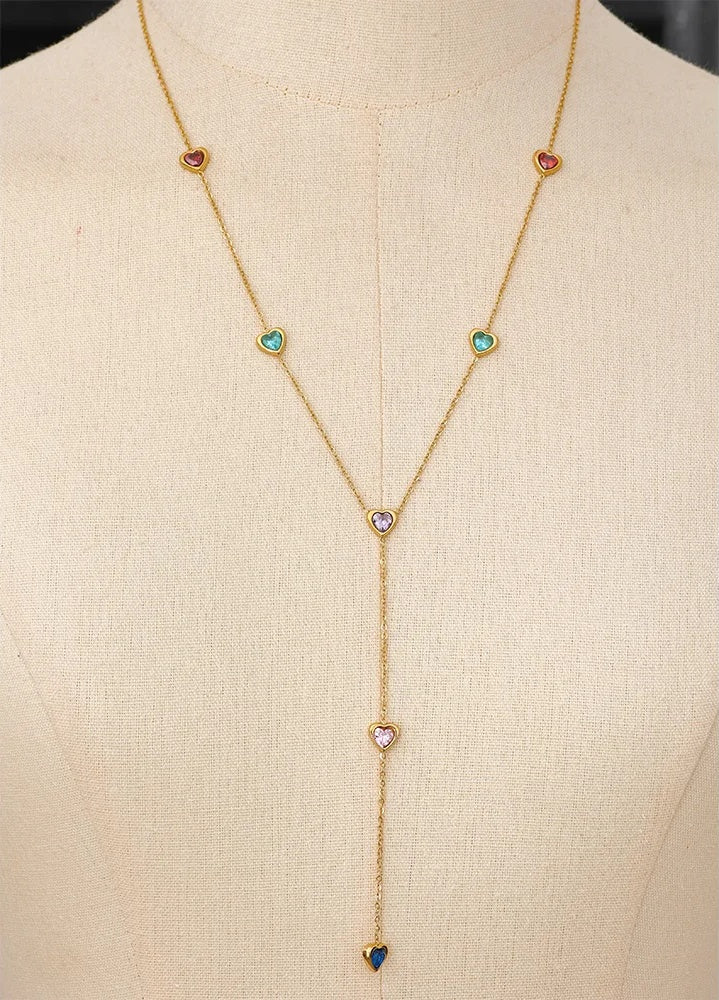 Colorful Cubic Zirconia Heart Necklace - Ecru