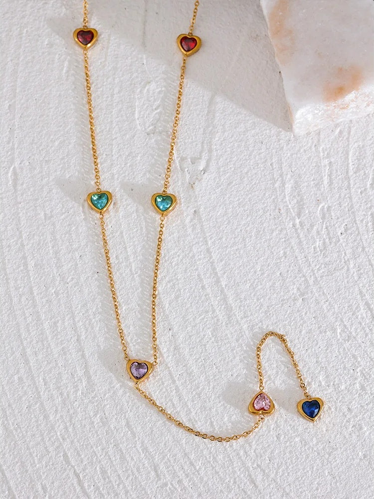 Colorful Cubic Zirconia Heart Necklace - Ecru