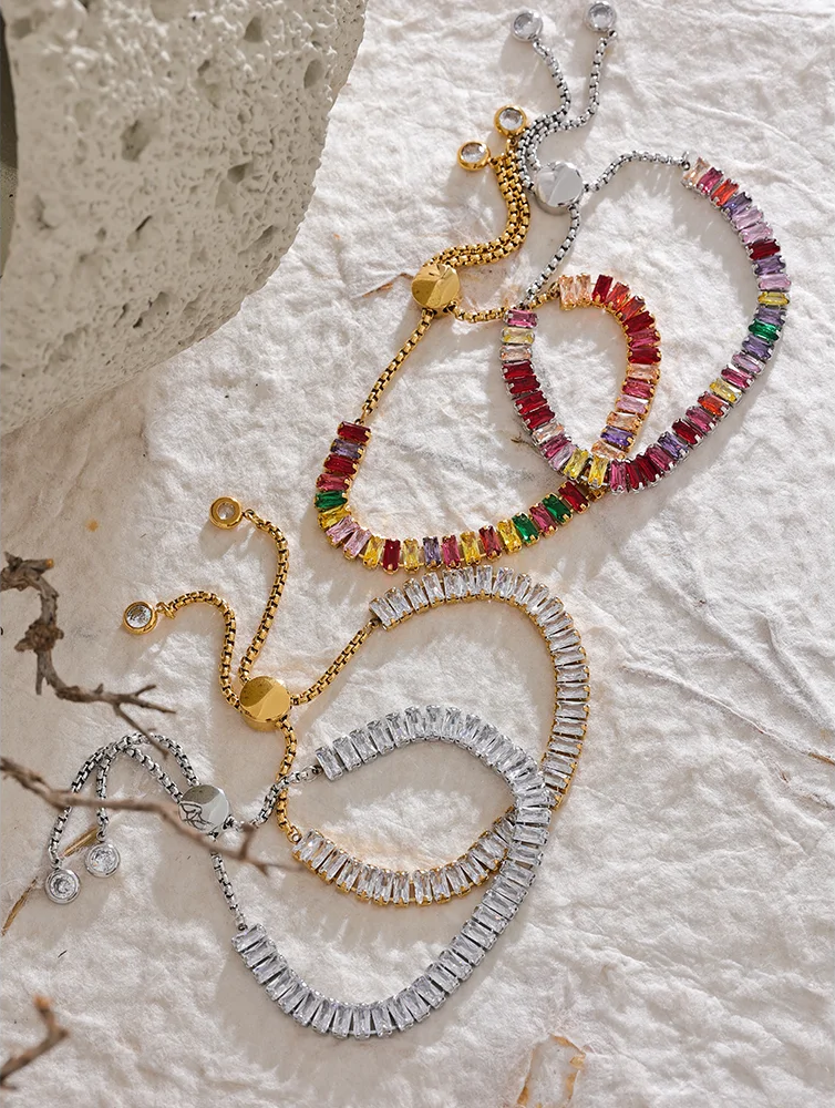 Colorful Cubic Zirconia Pull-out Bracelet - Ecru