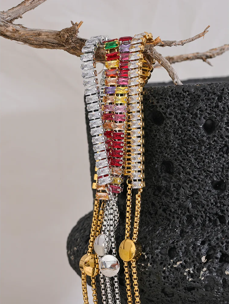 Colorful Cubic Zirconia Pull-out Bracelet - Ecru
