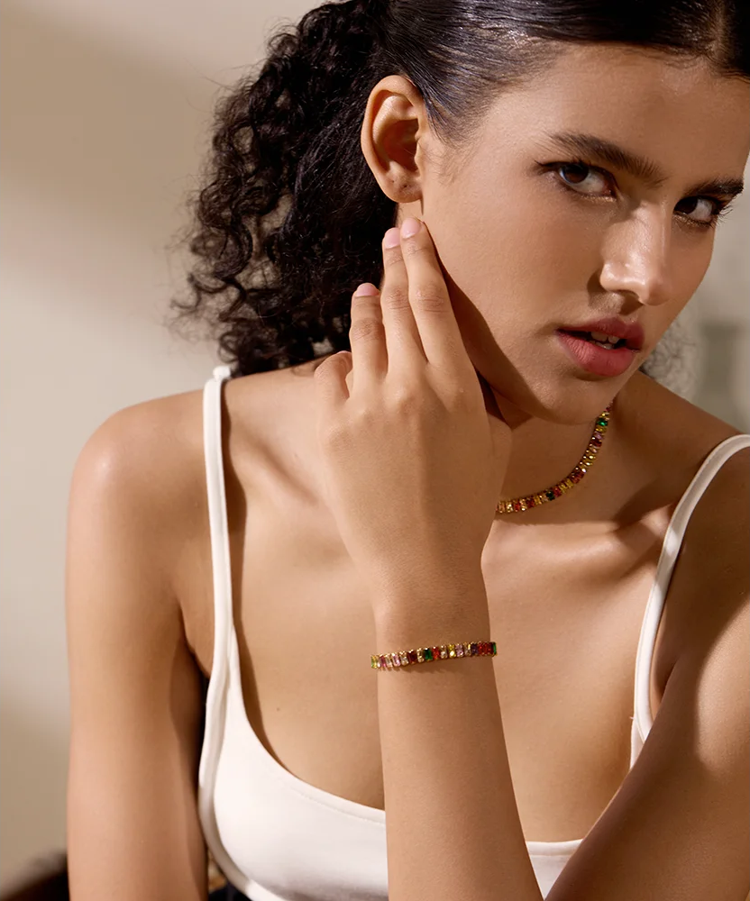 Colorful Cubic Zirconia Pull-out Bracelet - Ecru