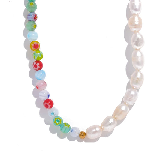 Colorful Freshwater Pearl Beaded Necklace - Ecru