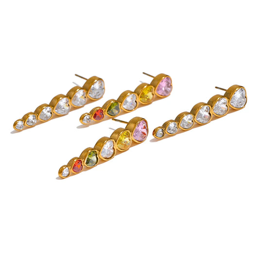 Colorful Heart Zircon Stud Earrings - Ecru