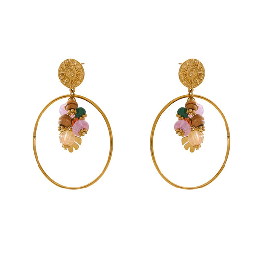 Colorful Natural Stone Drop Earrings - Ecru