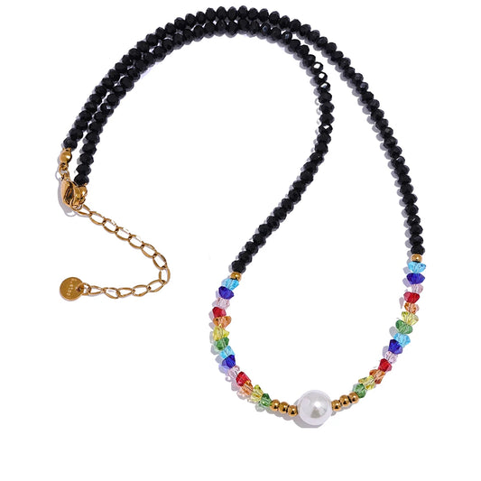 Colorful Pearl Beaded Pendant Necklace - Ecru