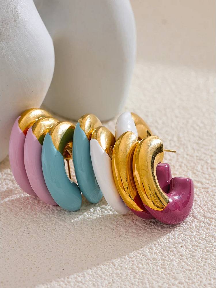 Colorful Refined Chunky Hoop Earrings - Ecru