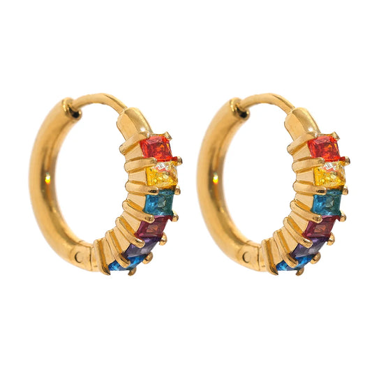 Colorful Zircon Rainbow Hoop Earrings - Ecru
