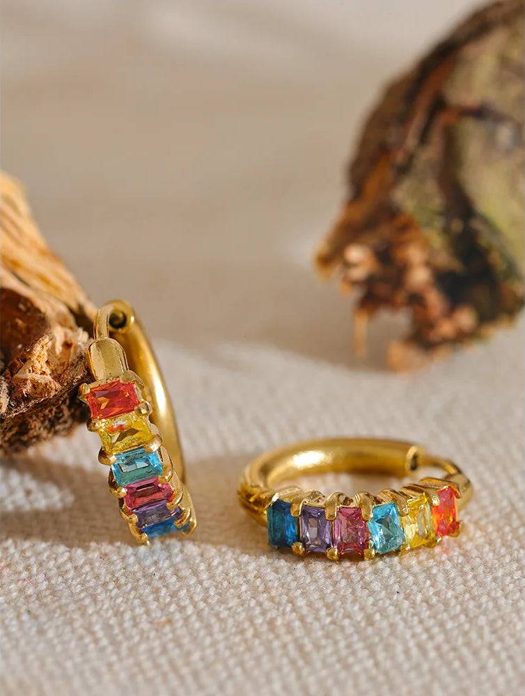 Colorful Zircon Rainbow Hoop Earrings - Ecru