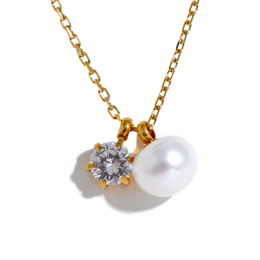 Cubic Zirconia Natural Pearl Necklace - Ecru