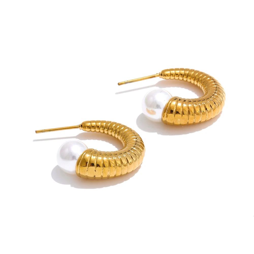 Elegant Pearl Textured Huggie Earrings - Ecru