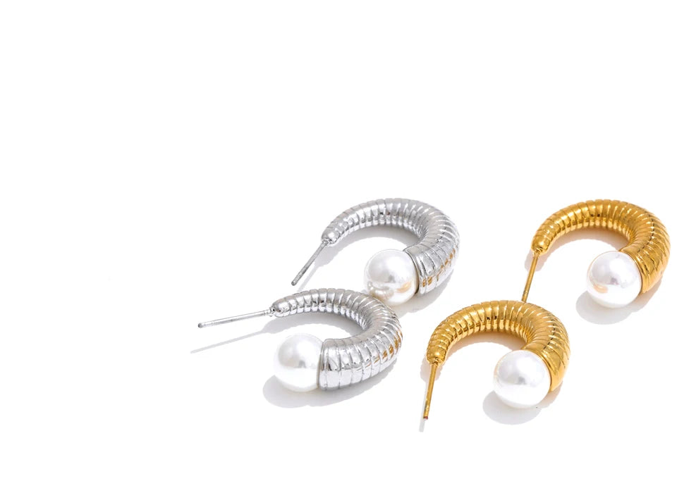 Elegant Pearl Textured Huggie Earrings - Ecru