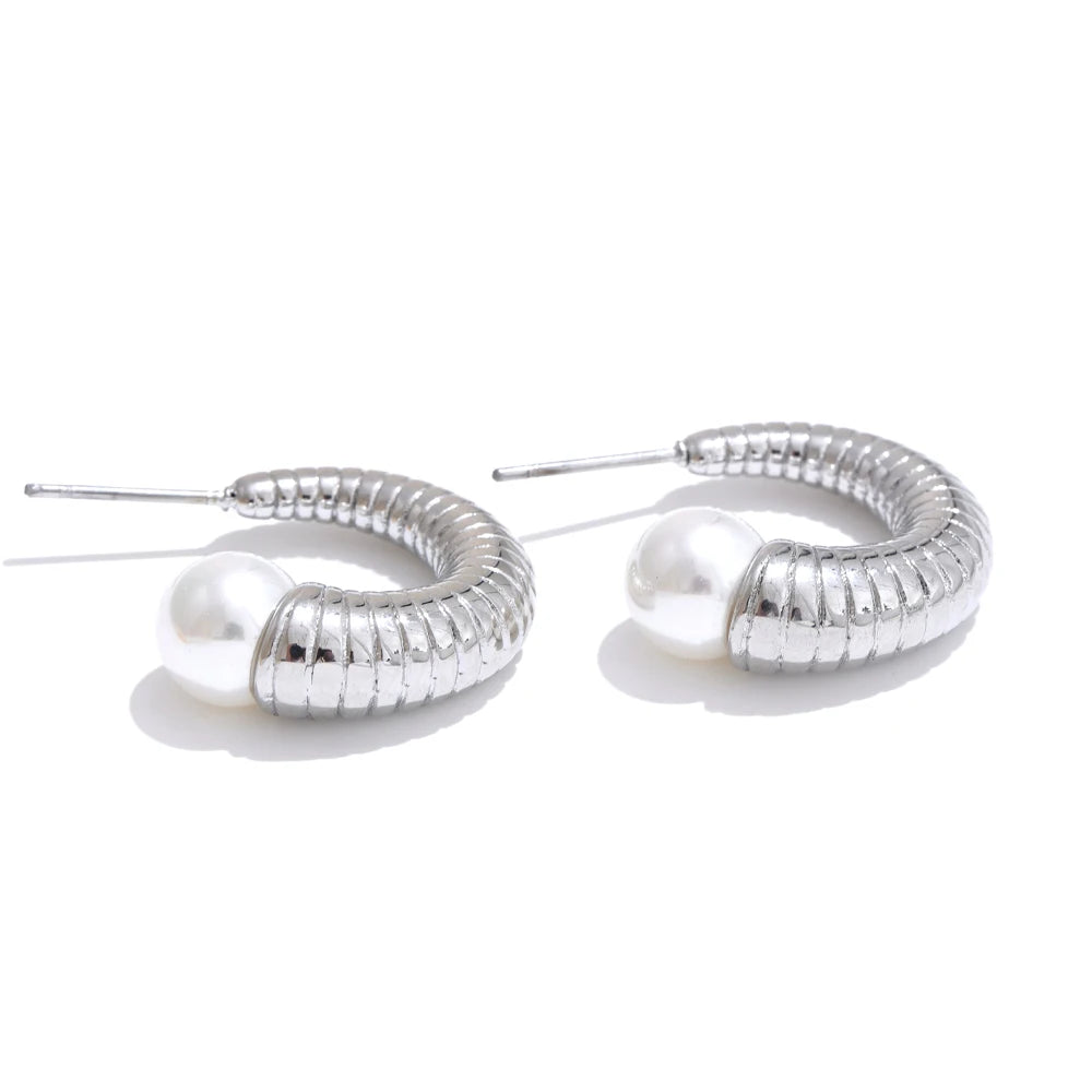Elegant Pearl Textured Huggie Earrings - Ecru