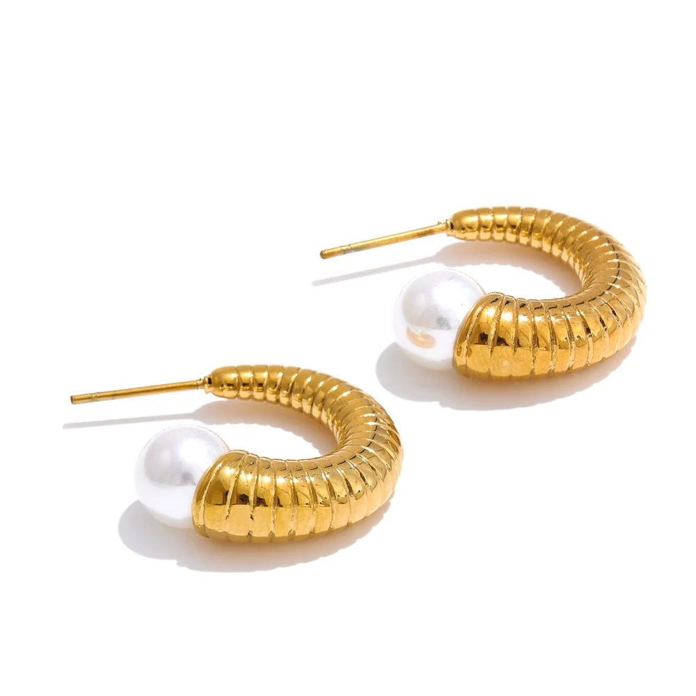Elegant Pearl Textured Huggie Earrings - Ecru