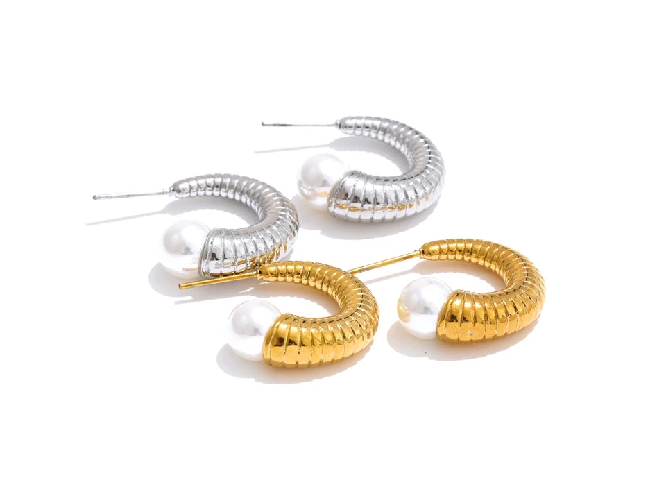 Elegant Pearl Textured Huggie Earrings - Ecru