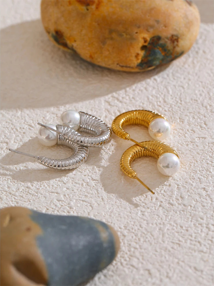 Elegant Pearl Textured Huggie Earrings - Ecru
