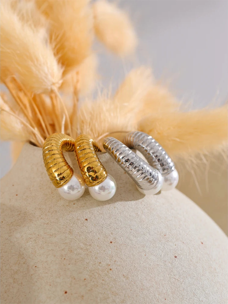 Elegant Pearl Textured Huggie Earrings - Ecru
