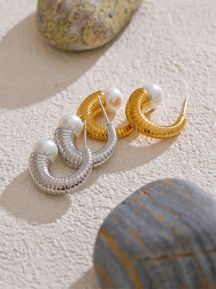 Elegant Pearl Textured Huggie Earrings - Ecru