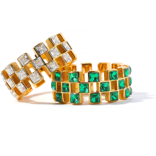 Exquisite Green White Grid Ring - Ecru