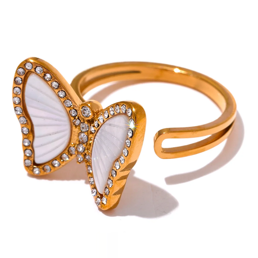Exquisite Natural Shell Butterfly Ring - Ecru