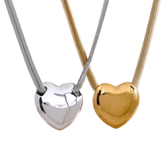 Flat Snake Chain Heart Necklace - Ecru