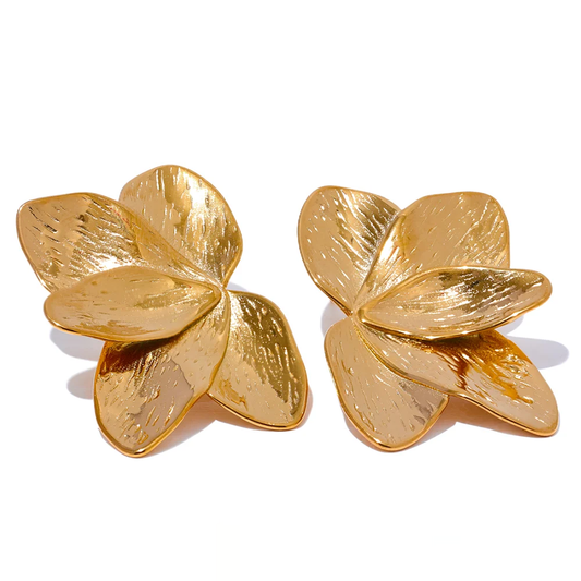 Flower Gold Big Stud Earrings - Ecru