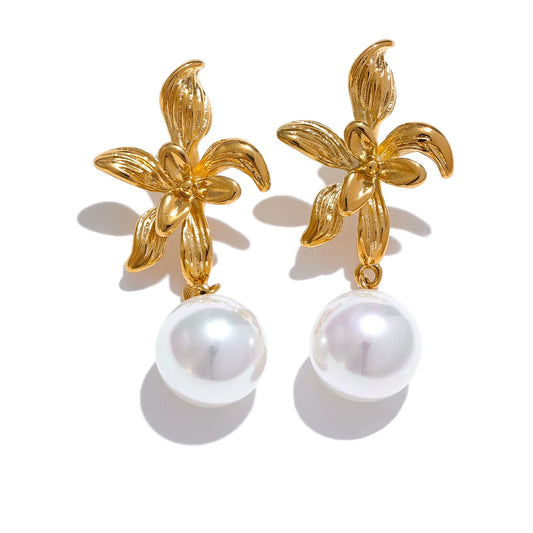 Flower Pearl Shiny Drop Earrings - Ecru