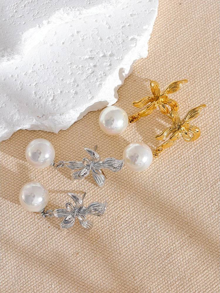 Flower Pearl Shiny Drop Earrings - Ecru