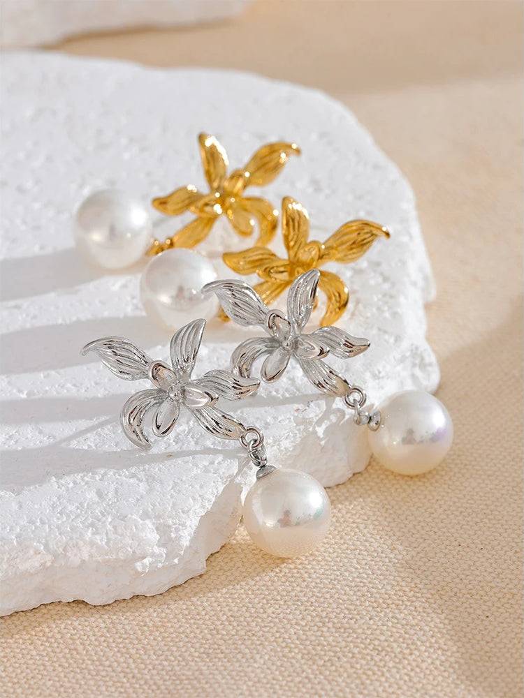 Flower Pearl Shiny Drop Earrings - Ecru