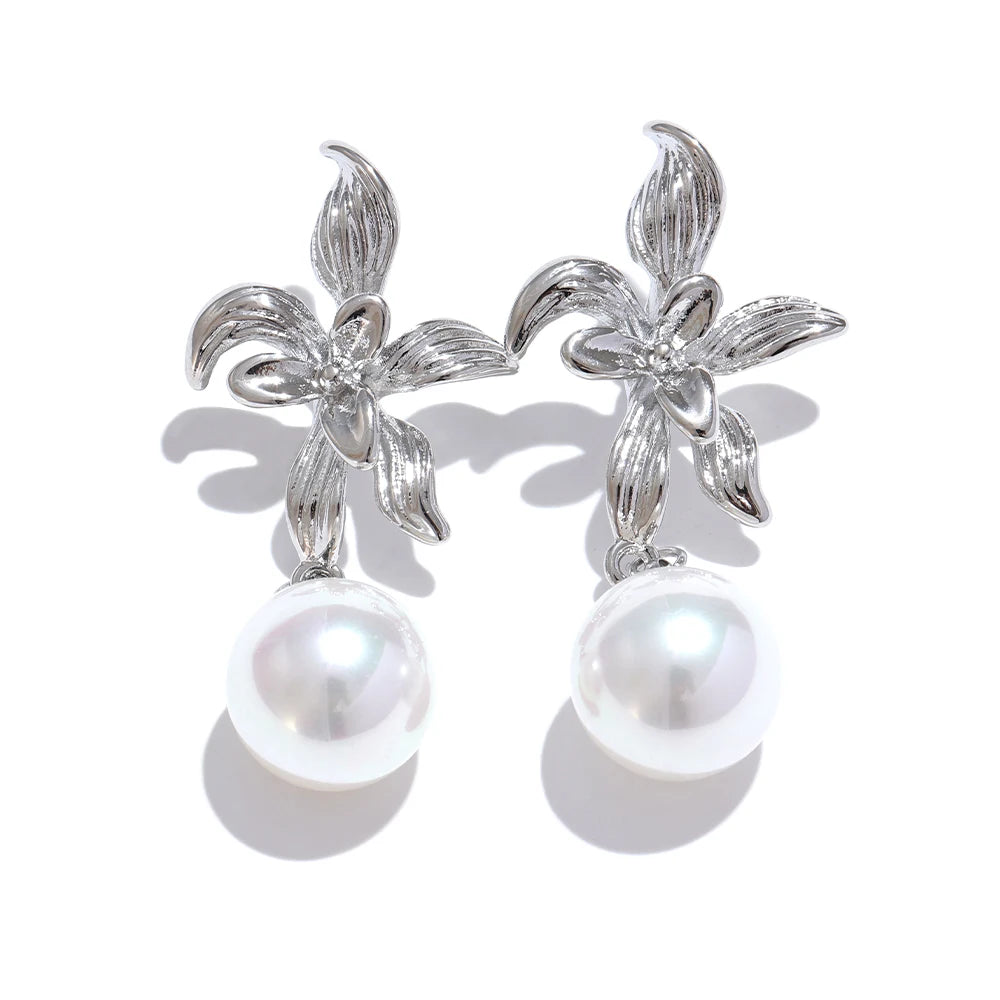 Flower Pearl Shiny Drop Earrings - Ecru